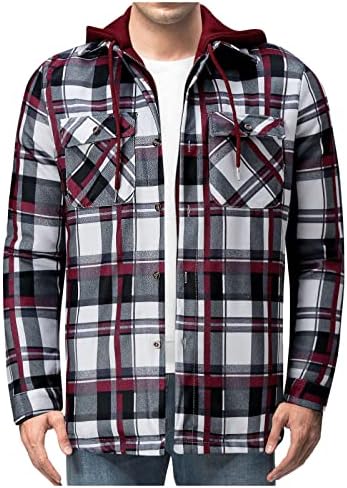Mens Flannel Long Sleeve Shirt Mens Hooded Quilted Lined Flannel Shirt Jacket Casual Long Sleeve Shirts Tops