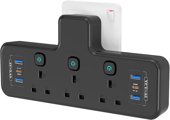 PD40W Total USB C Slots, 9 in 1 Multi Plug Adapter with 6 USB, PASSUS 3 Way Plug Extension Socket with Independent Switches, 13A UK Wall Adaptor Built-in Surge Protector for Home, Office, Kitchen