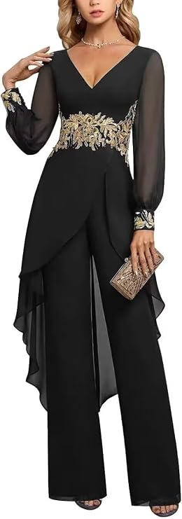 2 Pieces Mother of The Bride Pant Suits for Women Chiffon V Neck Gold Applique Formal Wedding Gust Outfits DP019