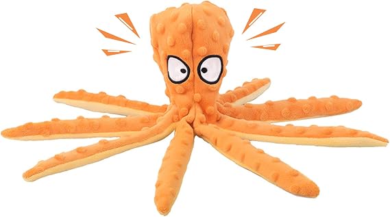 WishLotus Octopus Dog Chew Toy, No Stuffing Plush Dog Squeaky Toy with Crinkle Paper in Legs, Corduroy Interactive Dogs Play Teething Toys for Small, Medium Dogs (Orange)