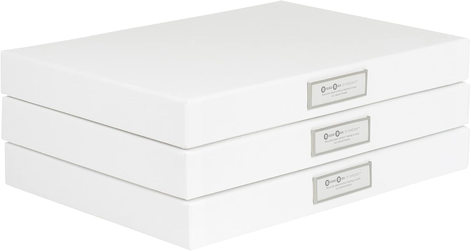Bigso Sven Fiberboard Classic Hinged Document Box - File Organizer for Important Paperwork - Durable Document Storage Box with Hinged Lid & Metal Label Window - 1.8 in x 13.2 in x 9.3 in - White