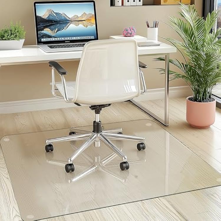 55x46 Tempered Glass Chair Mat, Heavy Duty Glass Office Floor Mat for Carpet or Hardwood Floors, with Non-Slip Pads, Round Corner and Polished Edge, Effortless Rolling, Thick 15