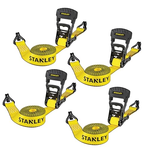 STANLEY S10074 BlackYellow 1.5 x 16 Ratchet Tie Down Straps - Heavy Cargo Securing 3,300 lbs Break Strength, 4 Pack