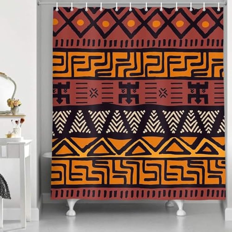 NYMB African Mud Cloth Shower Curtain, Tribal Design Afrocentric Ethnic Bohemian Motif with Geometric Elements Fabric Bathroom Curtain Waterproof Shower Curtains with Hooks