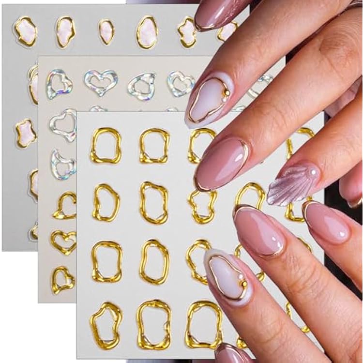 5D Embossed Gold Nail Art Stickers Crystal Soft Glue Irregular Geometric Coil Heart Nail Decals Self Adhesive Chrome Gold French Nail Stickers for Women DIY Nail Art Design Accessories 3 Sheets