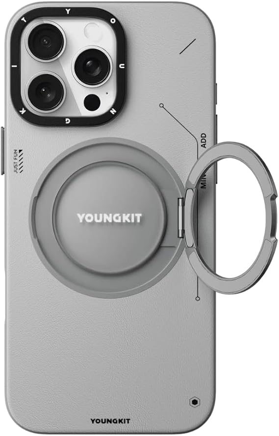 iPhone 15 Pro Max için Magsafe İle Uyumlu Kılıf Özellikli 360 Standlı Deri Desenli Youngkit Tech Leather Serisi Gri