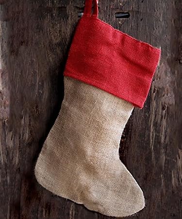 AK-Trading Burlap Jute Holidays Christmas Stockings - Pack of 6 - Natural Jute Stocking with Red Cuff, 8" x 17"H x 12" Foot