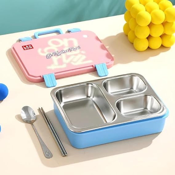 Beslenme Kutusu Paslanmaz Çelik - 700 ml 3 Bölmeli Taşıma Kulplu Çocuk Beslenme Kabı (Pembe)