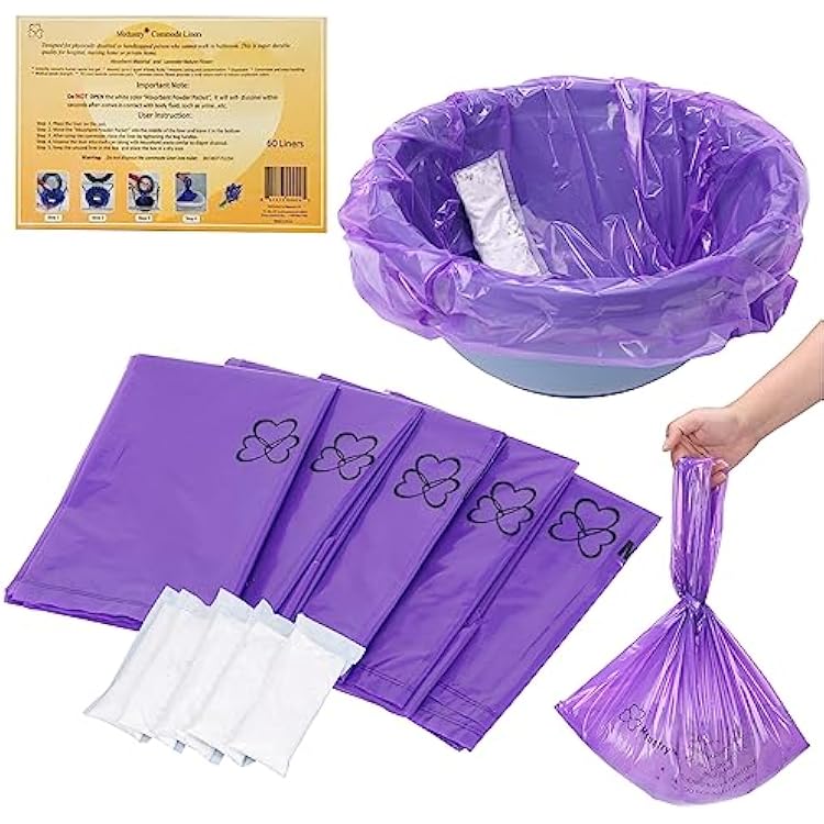 Commode Liners 60 Pack with Super Absorbent Pads, Leak-Proof Disposable Bags for Bedside Commode & Elderly Care, Fits Most Commode Chairs, Individually Wrapped, Universal Fit