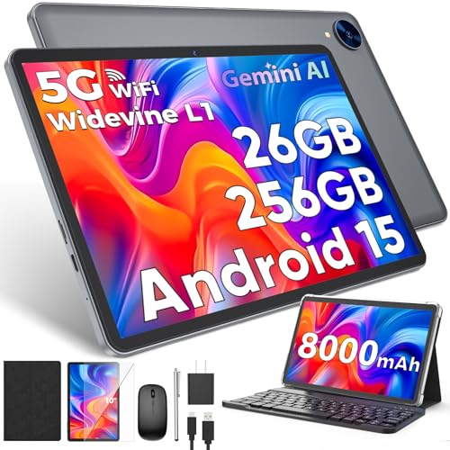 YOBANSE Android 15 Tablet with Keyboard, 26GB RAM, 256GB ROM2TB Expand, 10.1 inch Octa-Core Tablets, 5G2.4G WiFi, 8000mAh Battery, BT 5.0, GMS Certified, with Mouse, Case, Stylus Black Case