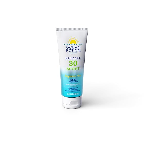 Ocean Potion Sport Mineral Sunscreen SPF 30, Zinc Oxide Broad Spectrum UVA/UVB Protection, Water & Sweat Resistant, Non-Greasy Body Sunscreen Lotion, Travel Size 3.4 oz