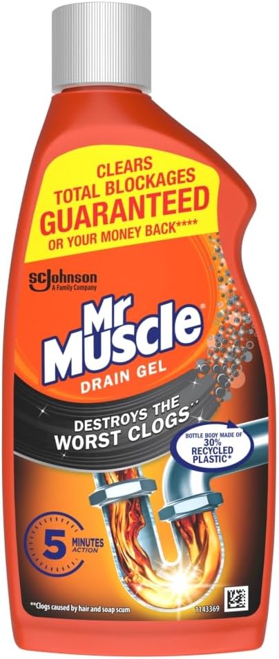 Mr Muscle Drain Unblocker Liquid 500ml, Sink & Drain Cleaner, Strong & Fast Acting Heavy Duty Drain Gel, Dissolves Clogs, Works 3x Better Than Bleach, Safe for All Pipes