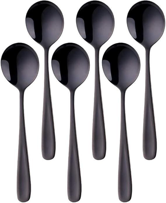 Round Soup Spoons Set of 6 Black Dinner Spoons 18/10 Stainless Steel Table Spoons 17.5 cm Length, 4.5 cm Width