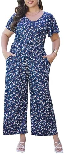 Keluummi Plus Size Summer Floral Jumpsuits for Curvy Women, Casual V Neck One Piece Wedding Guest Long Rompers