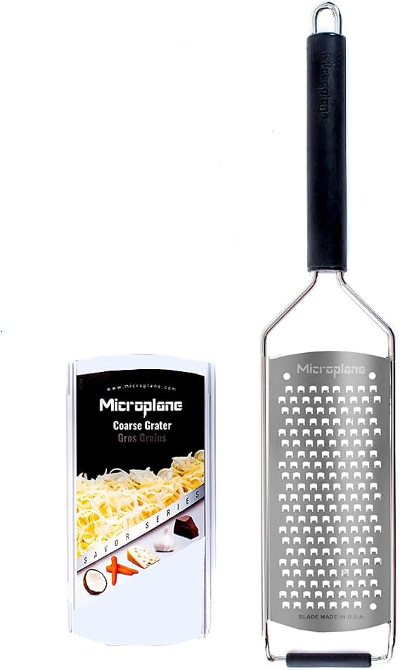 Microplane Savor Series Kitchen Grater Coarse in Black - Ideal for Carrot, Ginger, Horseradish, Apple, Onion, Hard & Soft Cheese, Coconut, Nuts, Garlic - Stainless Steel Grater Made in USA