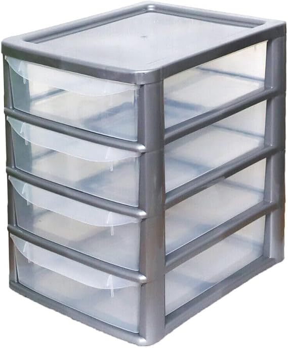 4 Drawers Storage Unit, A4 Plastic Storage Drawers, Desktop Table top Organiser Storage Tower Unit for Home, School, Office, Bedroom & Living Room Sliver Height 38cm, Width 28cm, Depth 35cm