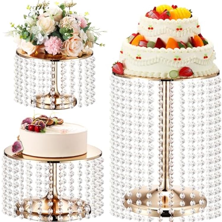 Maxcheck 3 Pcs Gold Metal Cake Stand Set, 6.3 Inch 7.9 Inch 15.7 Inch Wedding Round Cupcake Holder with Acrylic Pendants, Cupcake Pedestal Dessert Display Stands for Wedding Anniversary Baby Shower