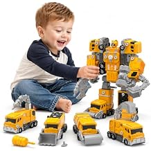 WATUDOU 5-in-1 Take Apart Construction Vehicle Trucks Transform to Robot Toys for Ages 3-5, 3 4 5 6 7 8 Year Old Boy Christmas Birthday Gift Ideas, Robot Toys for Kids 4-8