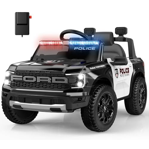 ANPABO Licensed Ford Police Car Ride On,12V Kids Cars to Drive wRealistic LED Siren Flashing Light, Megaphone, Remote Control, Music, Storage Trunk, Electric Cars for Kids Ages 2, Black
