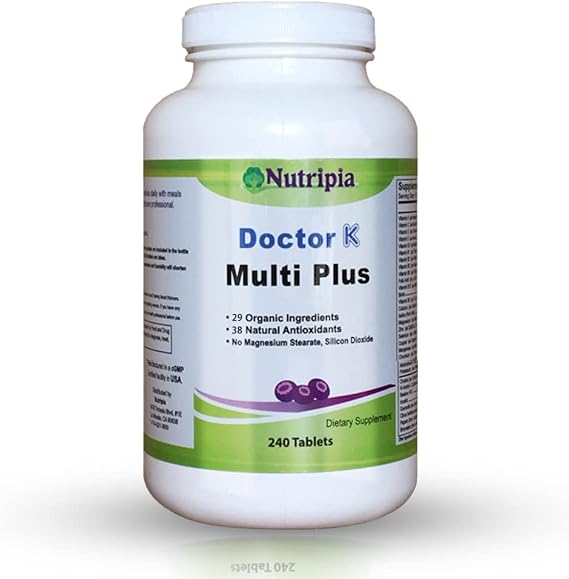 Nutipia Dr. K Multi Plus Multivitamin - 240 Tablets Antioxidant Supplement | Highest Potency Nutrient Formula for Energy Boost and Fatigue Reduction | 29 Organic Ingredients