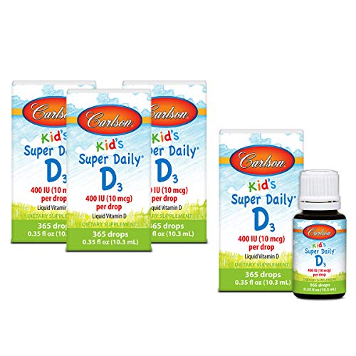 Carlson - Kids Super Daily D3, Vitamin D Drops for Kids, 400 IU 10 mcg per Drop, Heart & Immune Health, Vegetarian, Liquid Vitamin D Drops, Unflavored, 365 Drops 4 Pack