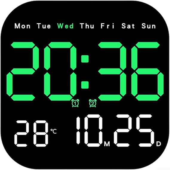 Modern LED Digital Wall Clock With Calendar, Thermometer, Moon Phase And Alarm, Auto Brightness Sensor, Remote Control, Table Or Wall Mount For Home Office, 18.5cm, Blue(Green)