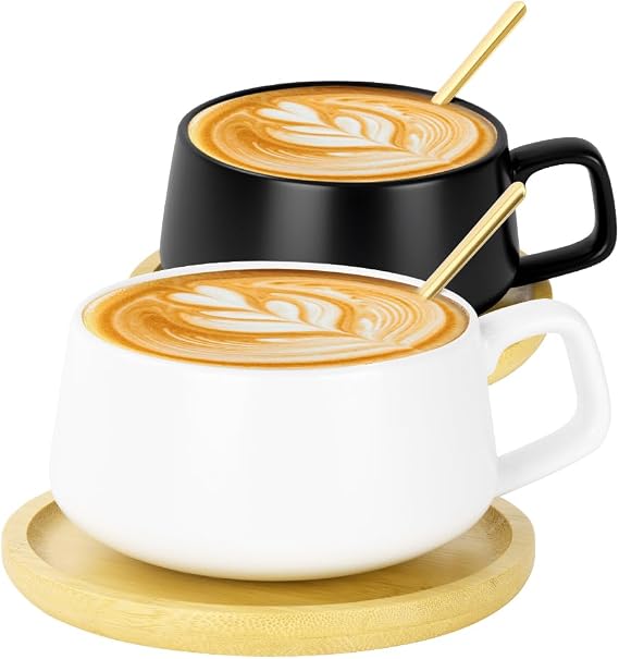 Cappuccino Cup & Saucer Set, 2 Pcs Porcelain Espresso Coffee Cup with Saucer and Spoon, 320ML Wide Cappuccino Cups, Ceramic Coffee Cups Set for Tea, Coffees, Espresso, Americano, Latte