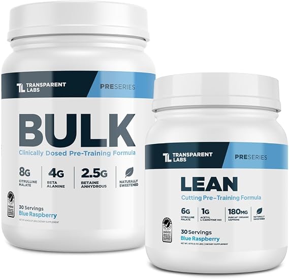 Transparent Labs Bulk Pre-Workout (30 Servings, Blue Raspberry) & Lean Pre-Workout (30 Servings, Blue Raspberry)