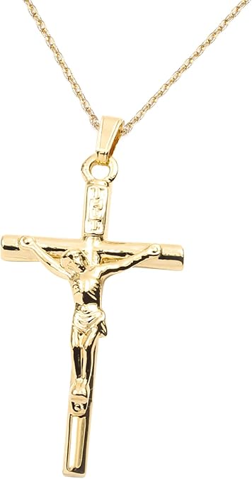 FC JORY White & Rose Yellow Gold Plated Cross Jesus Christ Crucifix Cross Pendant Chain Necklace