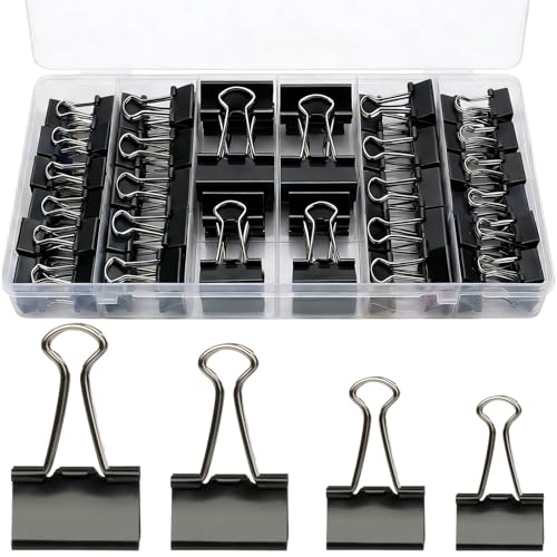 Binder Clips Assorted Sizes, 140 PCS Black Binder Paper Clips Office Clips Office Supplies Desk, 4 Sizes Cute Binder Clips Large Medium Binder Clip Small Paper Clips Medium Paper Clamps Black