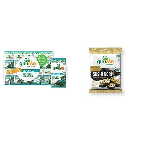 gimMe Organic Roasted Seaweed Sheets - Sea Salt - 20 Count + gimMe Organic Roasted Seaweed - Restaurant-style Sushi Nori Sheets - 0.81 Ounce