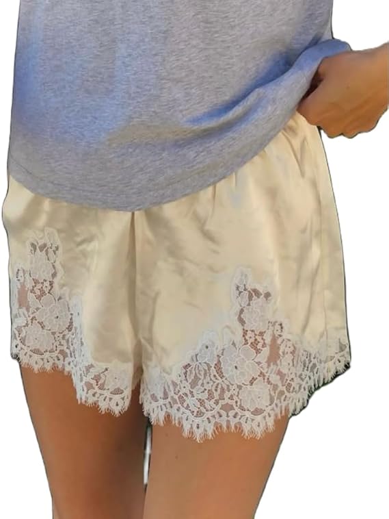 KMBANGI Women Lace Trim Satin Shorts Elastic Waist Lace Patchwork Silk French Knickers Coquette Pj Shorts Slip Bottoms