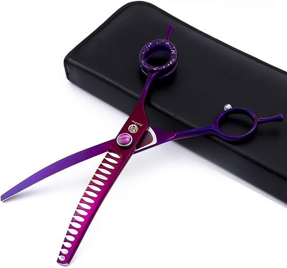 Purple Dragon 7.0" Purple Downward Curved Pet Grooming Curved Scissors/Chunker Shear with Adjustment Screw- Perfect for Professional Pet Groomer