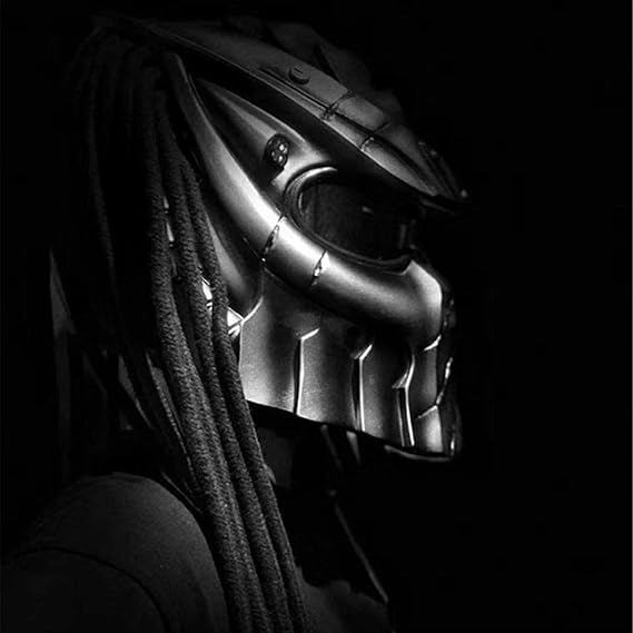 Predator Motorcycle Helmet, Full Face Helmet Mask with Hair Braid and LED Light for Outdoor Riding Or Club Parties, and Cosplay Prop, DOT Certified,Thick Braids,L