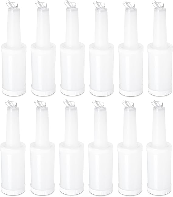 Soro Essentials- 1 qt. Bar Juice Pour Bottles Plastic White Color Set of 12- Store and Pour Containers Bar Plastic Juice Pourers Bartending Bar Mixer Bottles Barware for Bar Home Party Kitchen