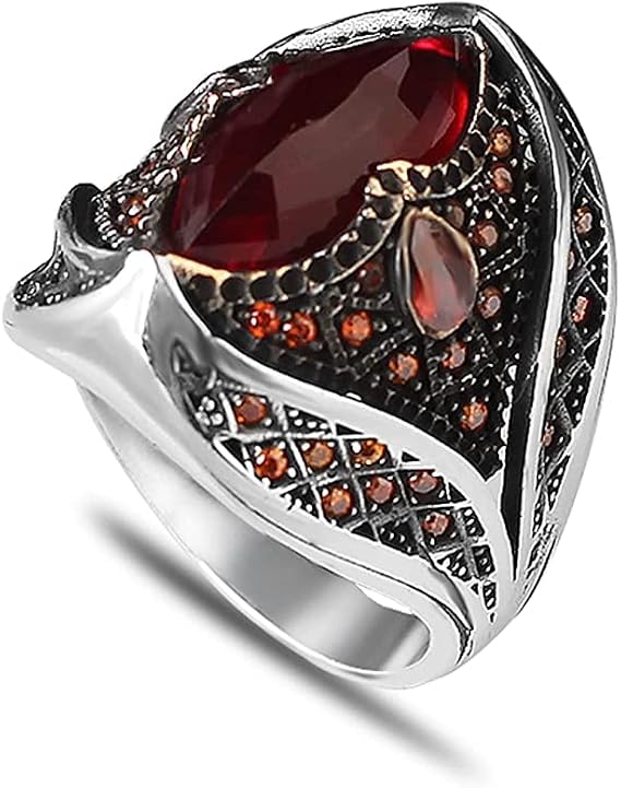 Handmade Silver Men's Ring with Garnet GemStone, Handmade Turkish Silver Ring, Gift for him, Sterling silver Garnet Stone ring