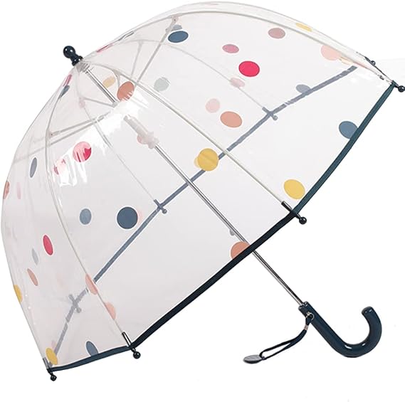 ThreeH Kid's Clear Bubble Umbrella Cute Dots Design 8 Fiber Ribs Shatterproof Easy Grip Handle Manual Open Windproof for Boys Girls Aged 3-8,Blue
