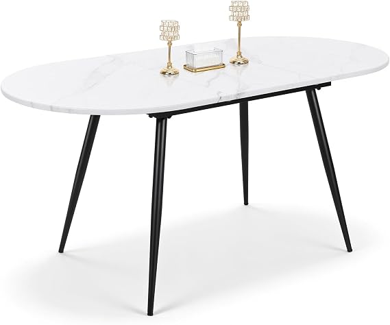 Extendable Dining Table, 120-160 cm White Marble Effect Oval Kitchen Table, 4-6 Seater for Dining Room, Kitchen