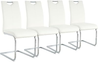 Goujxcy Dining Chairs Set of 4, Modern High Back Kitchen Chairs with Metal Legs and Faux Leather Padded Seat Upholstered Dining Chairs for Dining & Kitchen,Living Room White&Silver, Set of 4