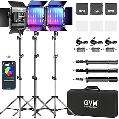 GVM RGB LED Video Lighting Kit, 800D Studio Video Lights with Panel, APP Control for YouTube Photography Lighting, 3200K-5600K, 8 Kinds of The Scene Lights, 3 Packs