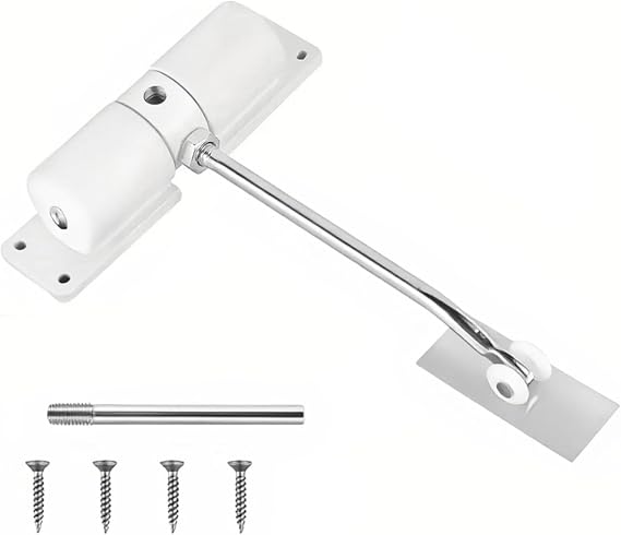 White Hydraulic Spring Loaded Automatic Door Closer 1 Pack | Adjustable safety interior self closing gate hinge with adjusting rod and screws for room