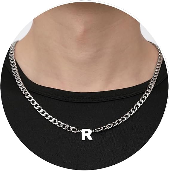 RWQIAN Silver Initial Necklace for Men Cuban Link Chain with A-Z Letter Pendant Necklace Stainless Steel Mens Initials Jewellery Gifts for Dad Husband Son Grandson Brother Fathers Day Birthday Gift