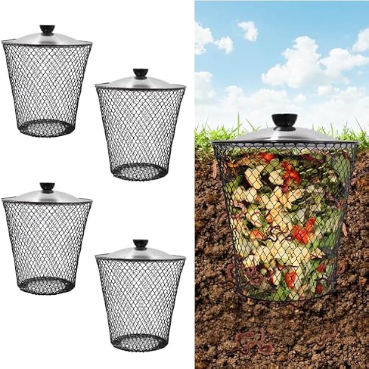4 Pack In Ground Compost Bin Outdoor, Metal Worm Compost Bin with Lid for Organic Refuse, Worm Farm for Garden, Vegetable Patch, Backyard, Greenhouse