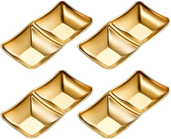 Stainless Steel Side Dishes 4pcs Sauce Dish Bowls Condiments Cup Serving Bowl Set Sushi Dipping Saucers Soy Dipping Bowls for Home Kitchen Restaurant BBQ (Gold, 2 Compartment)
