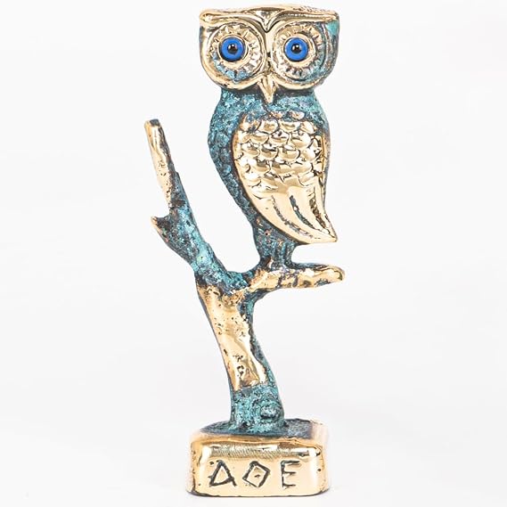 Iconsgr Brass Owl on Branch Figurine, Athena Goddess of Wisdom, Athenian Tetradrachm Replica with Blue Glass Eyes, Handmade in Greece, Lost-Wax Cast, 4.34 x 1.97 in (11 x 5 cm) (547)