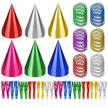 72 Pcs Colorful Birthday Party Hats Set Includes 24 Party Cone Hats 24 Colorful Bead Necklaces Metallic Fringe Blowers Noise Makers Party Supplies for Photo Booth Props