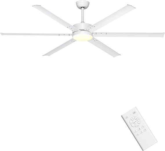 Ohniyou 72 Inch Large Industrial Ceiling Fan with Lights Remote Control, White Big Ceiling Fan with 6 Metal Blades, 6-speed Quiet DC Motor for Outdoor Patios Shop Living Room Garage