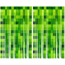 Miner Theme Green Pixel Foil Tassel Curtains, Video Game Door Streamers for Gaming Birthday Party Decorations, 2 Pack Green Foil Fringe Curtains Pixel Birthday Backdrop