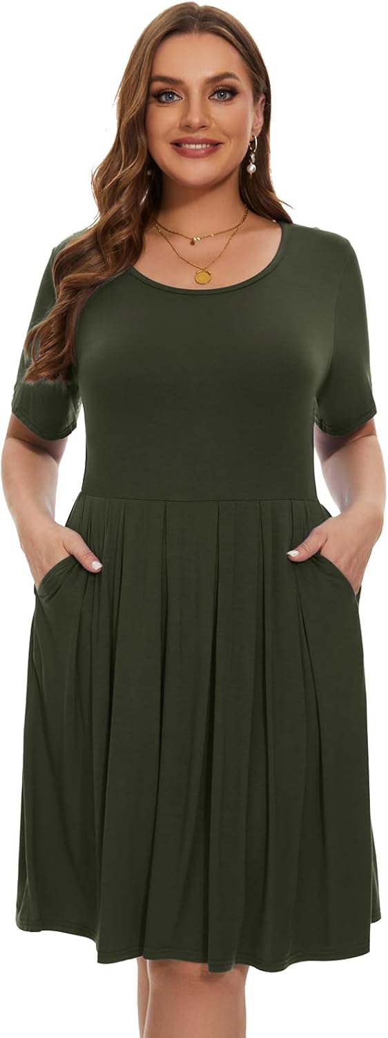 LARACE Womens Plus Size Summer Dress Short Sleeve Casual Pleated Swing Midi Dresses with Pockets