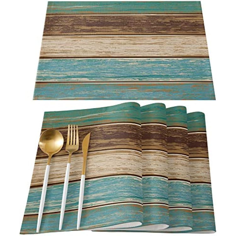 St. Patricks Day Placemats Set of 4, Teal Green Brown Retro Rustic Wood Texture Cotton Line Heat Resistant Table Mats Washable Non-Slip Mats Decor For Kitchen Dining Spring Holiday Party18x12 inch